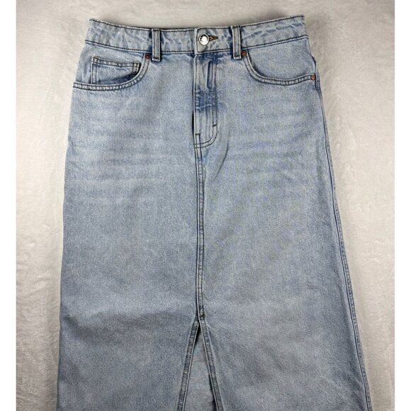 Mango MNG Womens Light Wash Denim Maxi Skirt S-Front Slit High Waist Jean Skirt - Picture 6 of 10
